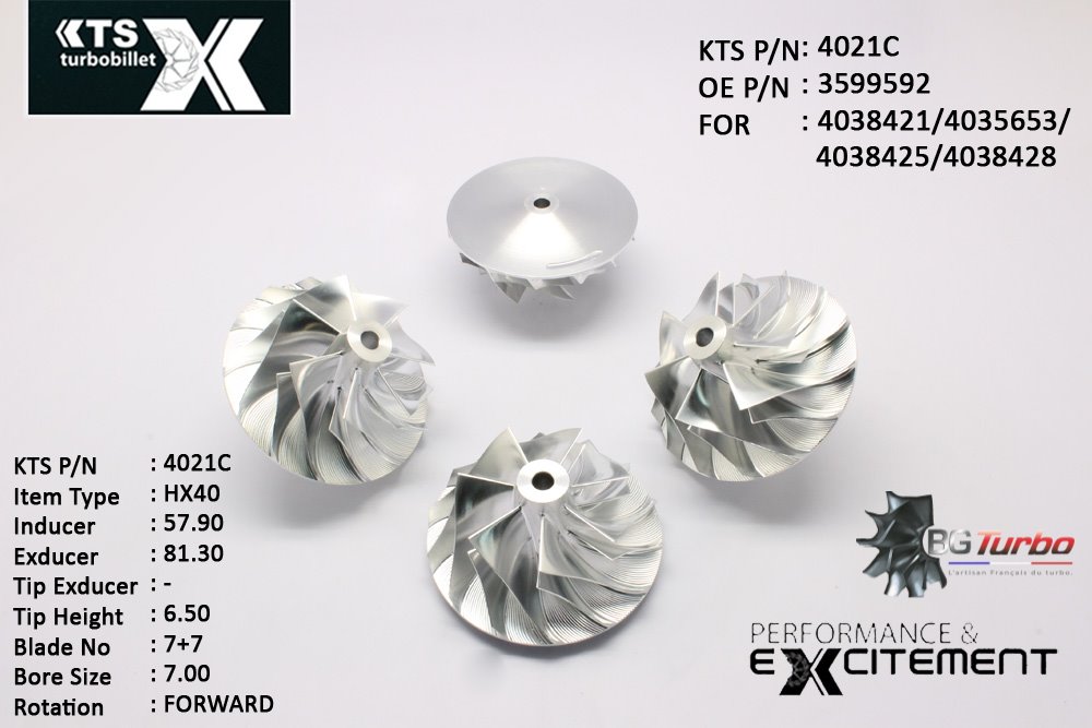 Turbo ROUE FORGÉE MFS PERFORMANCE - 7+7 PALES - INDUCER : 57,91 - EXDUCER : 81,3 - TYPE : HX40ANGLE : 45° - ROTATION : Forward - SUPER BACK : 5,01 - BORE SIZE : 7
